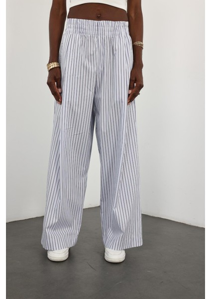 Beyaz Çizgili Poplin Pantolon 0155