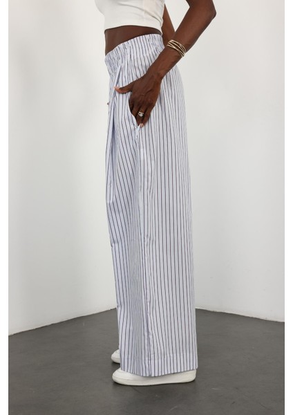 Beyaz Çizgili Poplin Pantolon 0155