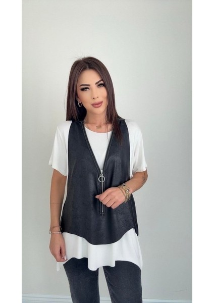Kadın Kısa Kollu Yuvarlak Yaka Viskon Bluz + Kolsuz Fermuarlı Çatlak Deri Yelek