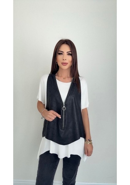 Kadın Kısa Kollu Yuvarlak Yaka Viskon Bluz + Kolsuz Fermuarlı Çatlak Deri Yelek