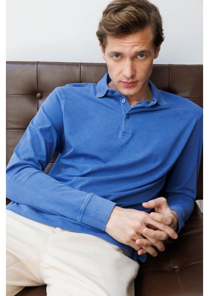 Erkek Polo Yaka Uzun Kollu Sweatshirt Saks
