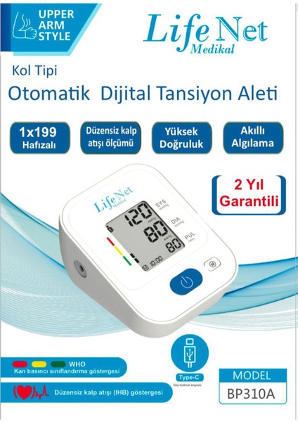 Tansiyon Aleti Üst Koldan Dijital Tansiyon Ölçer, Nabız Ölçer, USB Girişli BP310A
