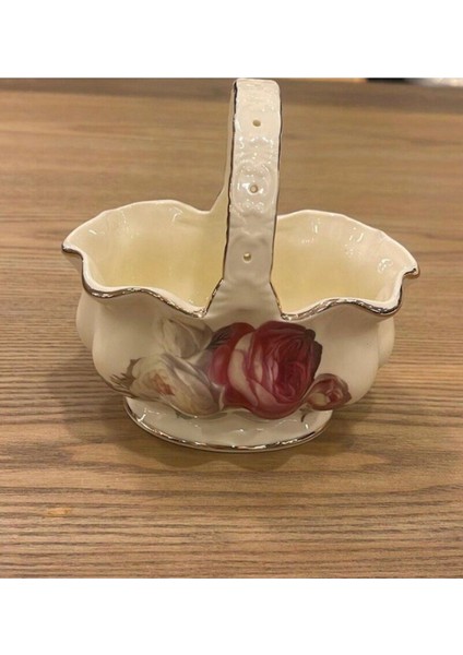 Elite Porselen Kulplu Şekerlik Krem Gold Oval Çukur Gül Desen Rose 14 x 9 cm 1 Adet