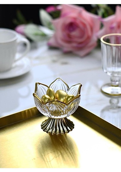Elite Lotus Çiçeği Gold Detaylı Metal Ayaklı Cam Lokumluk Drajelik Seti – 6 Adet 1 Adet