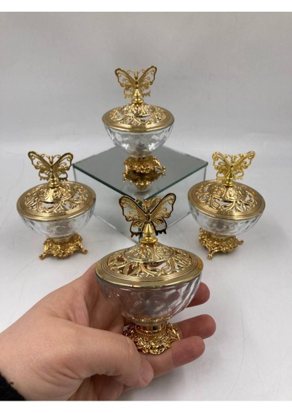 Elite 4 'li Kelebek Zamak Ayakli Kapakli Şekerlik 7 cm Gold 1 Adet