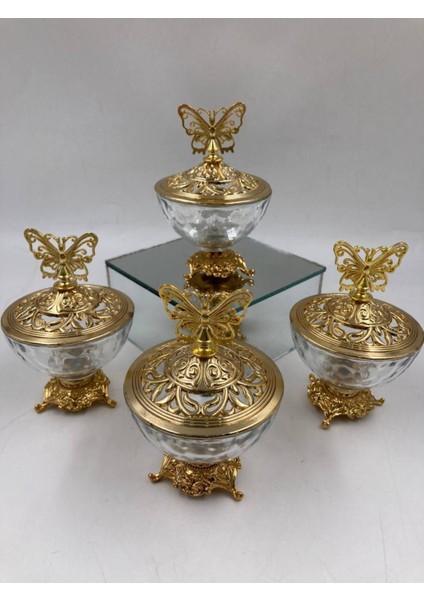 Elite 4 'li Kelebek Zamak Ayakli Kapakli Şekerlik 7 cm Gold 1 Adet
