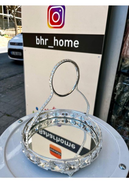 Elite Baharhome-Kristal Taşlı Gold ve Gümüş Aynalı Söz Nişan Tepsi Kahve Sunumluk Yuvarlak-21 cm 1 Adet