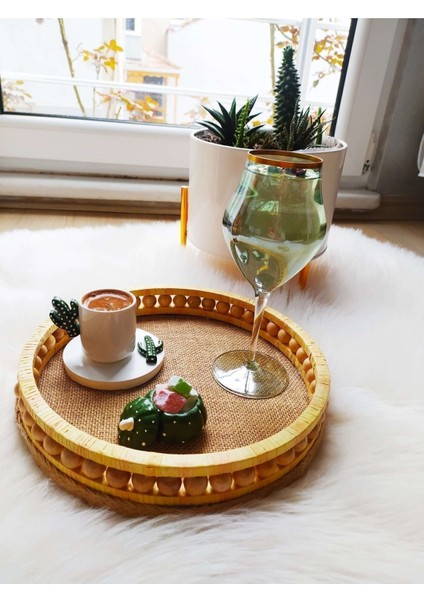 Elite Tasarım Ahşap Boncuklu Sunumluk Tepsi Modeli Çap 30CM 1 Adet