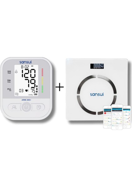 Büyük Manşonlu Koldan Ölçer Tansiyon Cihazı + Akıllı Bluetooth Dijital Tartı (Beyaz)