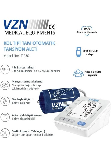 Kol Tipi T Konuşan Dijital Tansiyon Aleti LT-P30, Geniş Manşon, Işıklı LCD Ekran