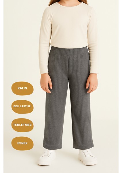 Beli Lastikli Füme Kız Çocuk Eşofman Altı - Rahat Geniş Paça Kalın Kumaş 7-8-9-10-11-12-13-14 Yaş