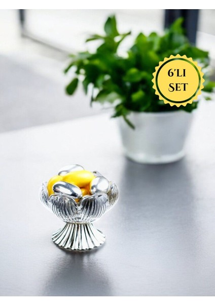 Elite Gümüş Renk Metal Ayaklı Lotus Çiçeği Kahve Yanı Cam Drajelik Lokumluk Seti – 6 Adet 1 Adet