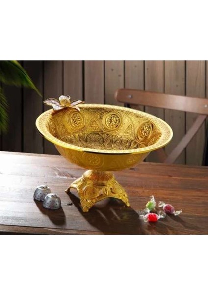 Elite Çiçekli Gold Ren Metal Ayaklı Çerez-Lokum Kasesi 1 Adet