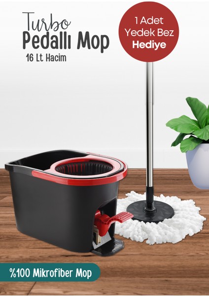 Ultra Güçlü Pedallı Döner Başlıklı Mop Temizlik Seti 16 Litre 1 Adet Yedek Mop Bezi Hediyeli