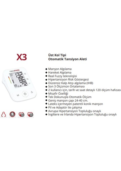 X3 Üst Kol Tipi Otomatik Tansiyon Aleti 5 Yıl Güvenceli