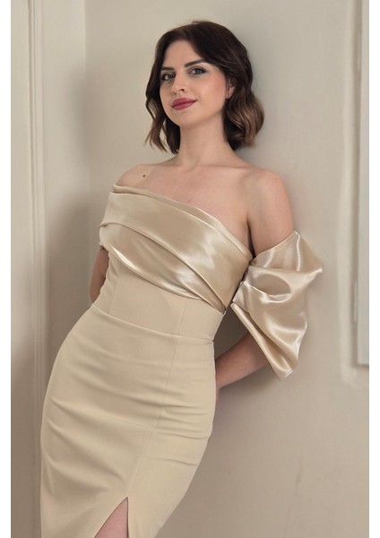 Bej Asimetrik Krep Elbise 6589
