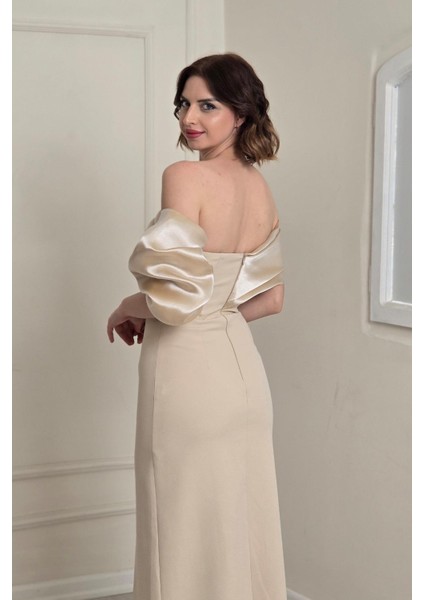 Bej Asimetrik Krep Elbise 6589