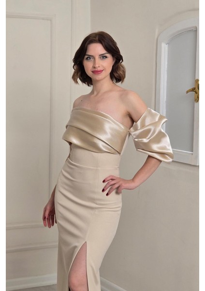Bej Asimetrik Krep Elbise 6589