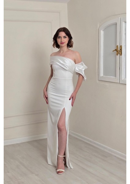 Beyaz Asimetrik Krep Elbise 6589 fiyatları