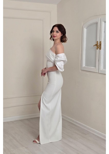 Beyaz Asimetrik Krep Elbise 6589 modelleri