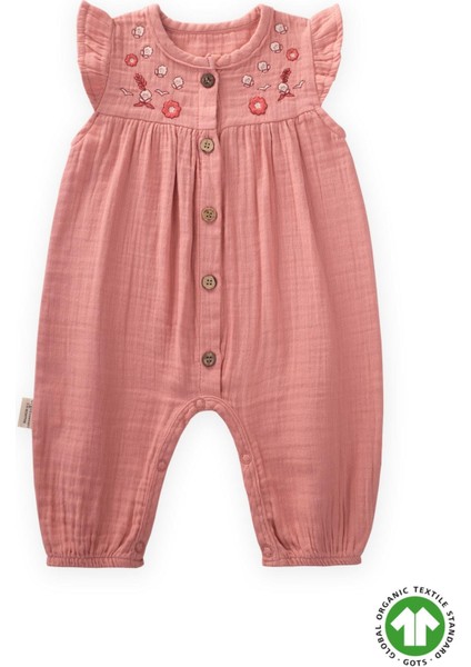 Organik Nakışlı Müslin Tulum 0-3 Yaş Yavruağzı