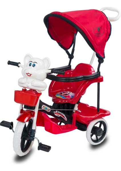 Çocuk Kırmızı Kedi Itmeli Ebeveyn Kontrollü Tenteli 3 Tekerlekli Bisikleti