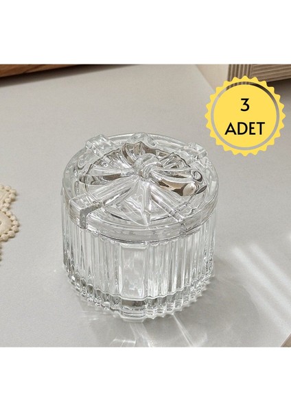 Elite 3 Adet Fiyonk Desenli Yuvarlak Kapaklı Cam Şekerlik 1 Adet