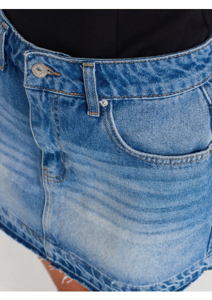 80586 Uc Bölümü Izli Mini Denim Etek-Mavi modelleri