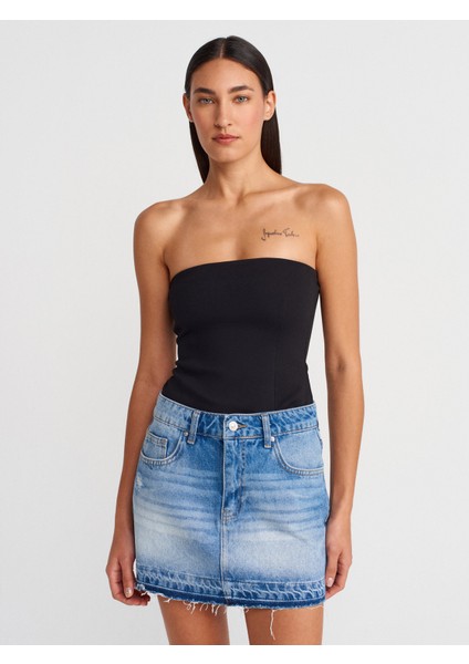 80586 Uc Bölümü Izli Mini Denim Etek-Mavi fırsatları