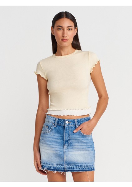 31876 Çift Görünümlü Kısa Kollu Top-Açık Sarı