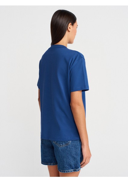 30312 Dekoratif Dikişli Bisiklet Yaka Tshirt-Indigo fiyatları