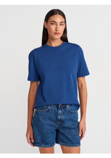 30312 Dekoratif Dikişli Bisiklet Yaka Tshirt-Indigo