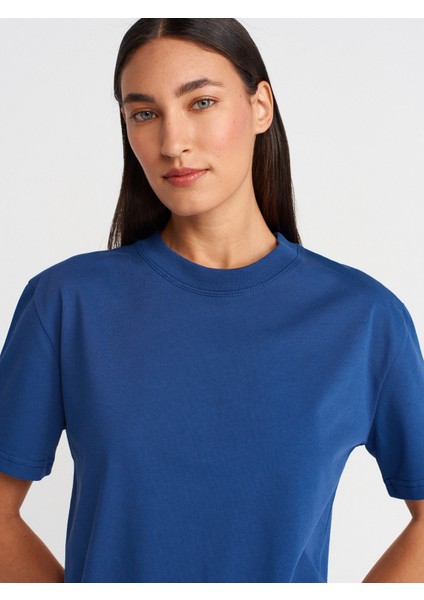 30312 Dekoratif Dikişli Bisiklet Yaka Tshirt-Indigo modelleri