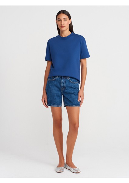 30312 Dekoratif Dikişli Bisiklet Yaka Tshirt-Indigo fırsatları