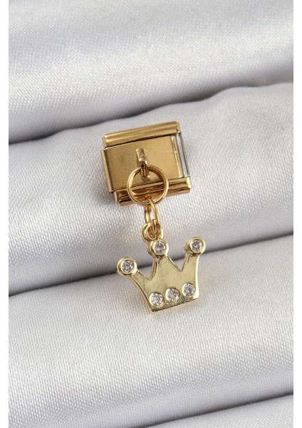 316L Çelik Sallantılı Zirkon Taşlı Kraliçe Tacı Model Gold Renk Nomination Charm