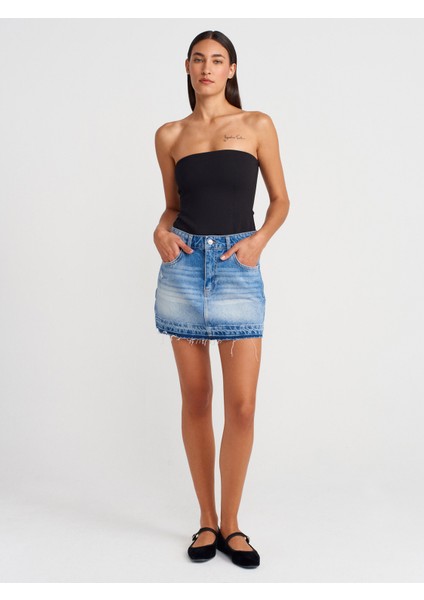 80586 Uc Bölümü Izli Mini Denim Etek-Mavi