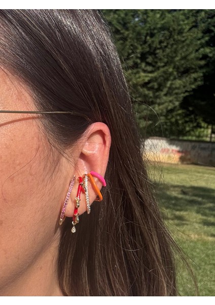 Özel Seri Taşlı Kırmızı Pembe Turuncu Earcuff (Kıkırdak Küpesi)