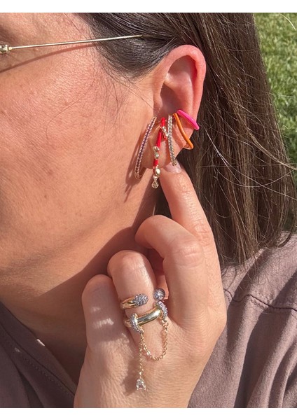 Özel Seri Taşlı Kırmızı Pembe Turuncu Earcuff (Kıkırdak Küpesi) fırsatları