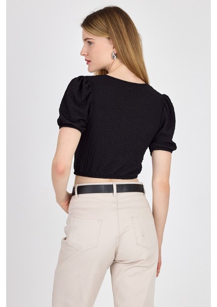 Siyah Dantel Detaylı Bürümcük Kumaş Crop Bluz 2231 indirimleri