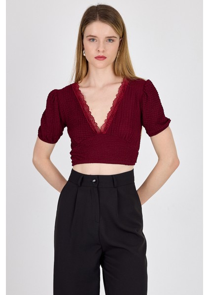 Bordo Dantel Detaylı Bürümcük Kumaş Crop Bluz 2231 fiyatları