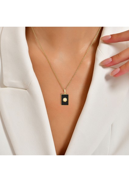 Gümüş Güneş Kolye, Oniks Taşlı Dikdörtgen Formlu, 925 Ayar Sarı Renk fırsatları