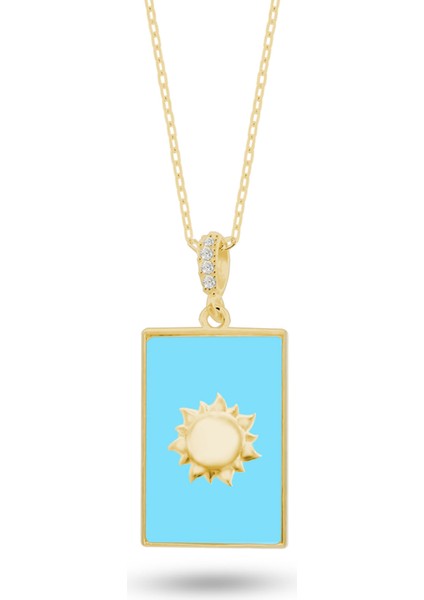 Gümüş Güneş Kolye, Turkuaz Taşlı Dikdörtgen Formlu, 925 Ayar Gümüş Sarı Renk