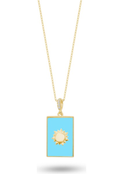 Gümüş Güneş Kolye, Turkuaz Taşlı Dikdörtgen Formlu, 925 Ayar Gümüş Sarı Renk fiyatları