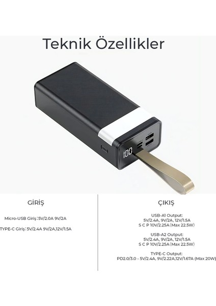 30000MAH Dijital Göstergeli Fenerli Powerbank 22.5W Hızlı Taşınabilir Şarj Cihazı indirimleri