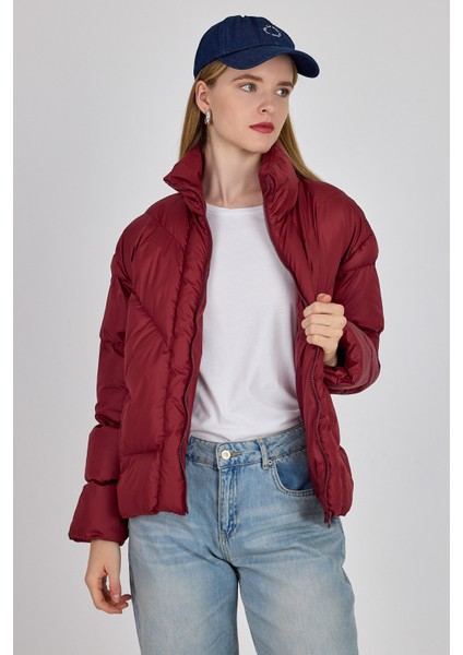 Bordo Oversize Dik Yaka Şişme Mont 4010
