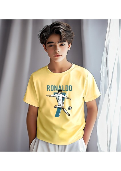 Çocuk Spor Tişört - Ronaldo 7 Futbolcu Baskılı Sarı Fan T-Shirt - Pamuk Yumuşak Kumaş Unisex Erkek Kız Yazlık Tişört