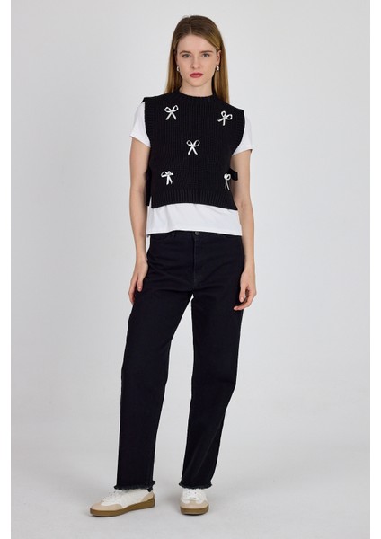 Siyah Kurdela Detaylı Yandan Bağlamalı Triko Süveter 2101 fiyatları