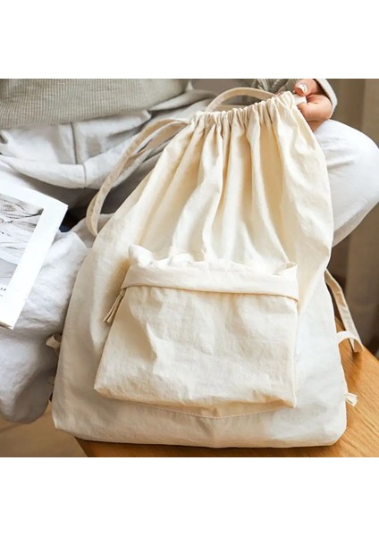 Koreli Stil Drawstring Sırt Çantası Taşınabilir Tip Büyük Kapasiteli Naylon Sırt Çantası Düz ​​renk Gider Bez Omuz Çantası Kızlar: Beyaz (Yurt Dışından)
