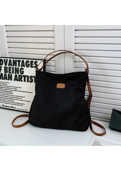 Naylon Çift Kullanımlı Omuz Sırt Çantaları Düz ​​renk Çok Fonksiyonlu Tuval Tote Torba Kova Çantası Büyük Kapasiteli Crossbody Çanta Kızlar: Siyah (Yurt Dışından)