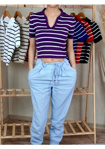 Kadın Polo Yaka Çizgili Crop Tişört